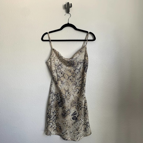 JOA Revolve Breanna Beige Snake Print Satin Cowl Neck Slip Dress - Picture 4 of 12